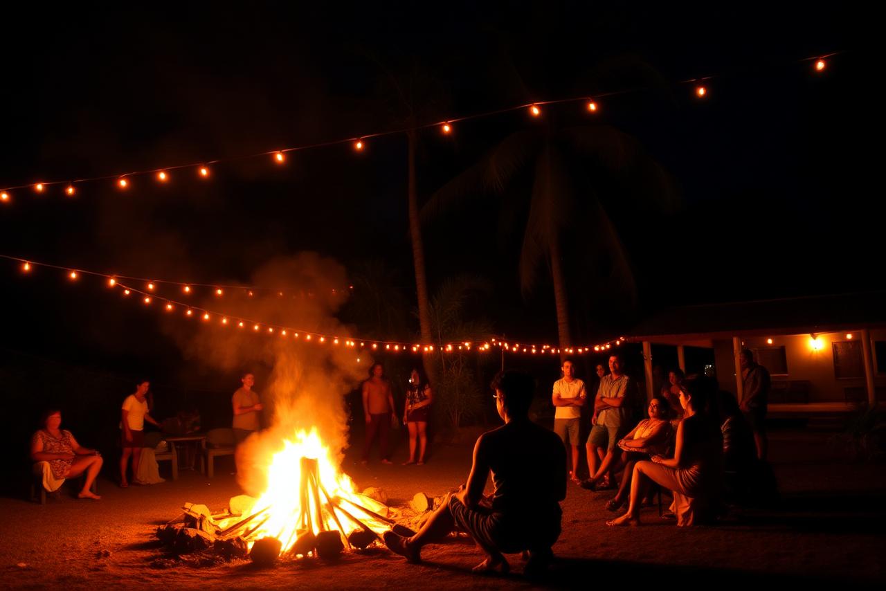 Fogata nocturna con luces cálidas