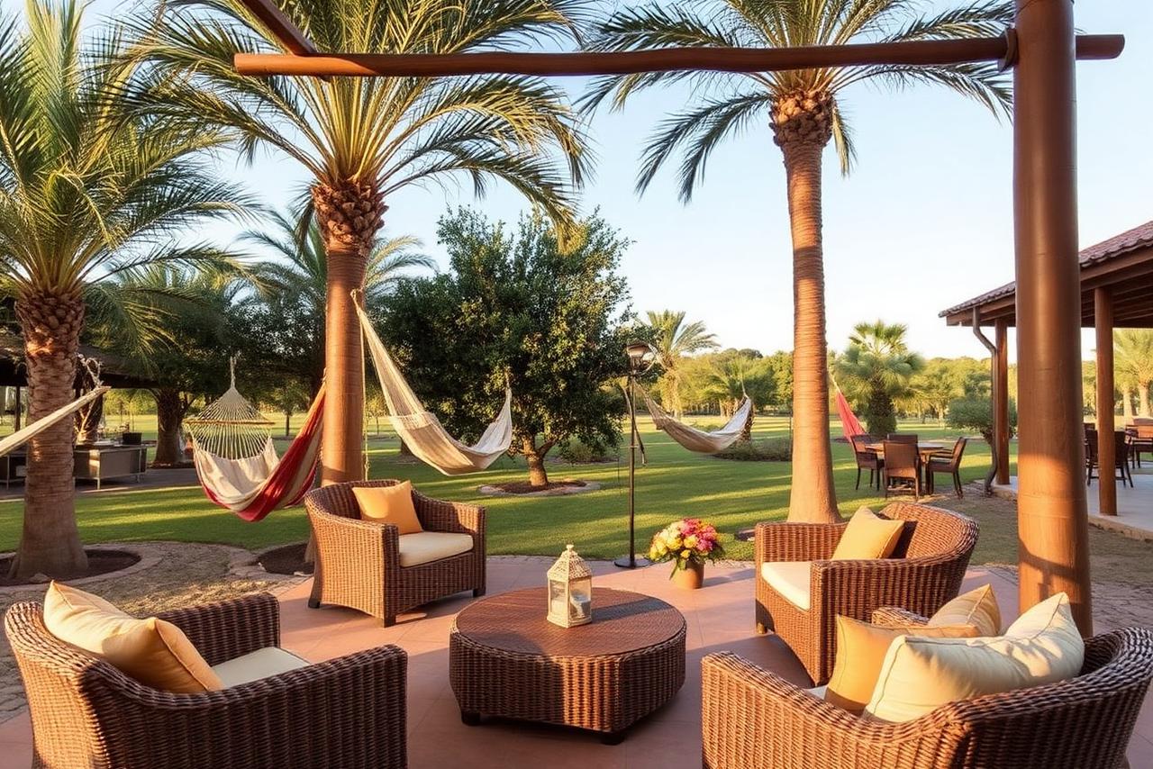 Área de lounge con hamacas y muebles de mimbre