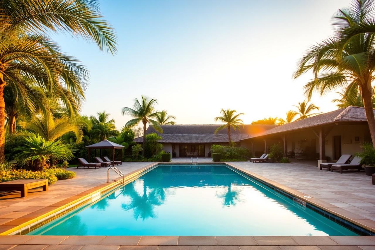 Piscina rodeada de palmeras